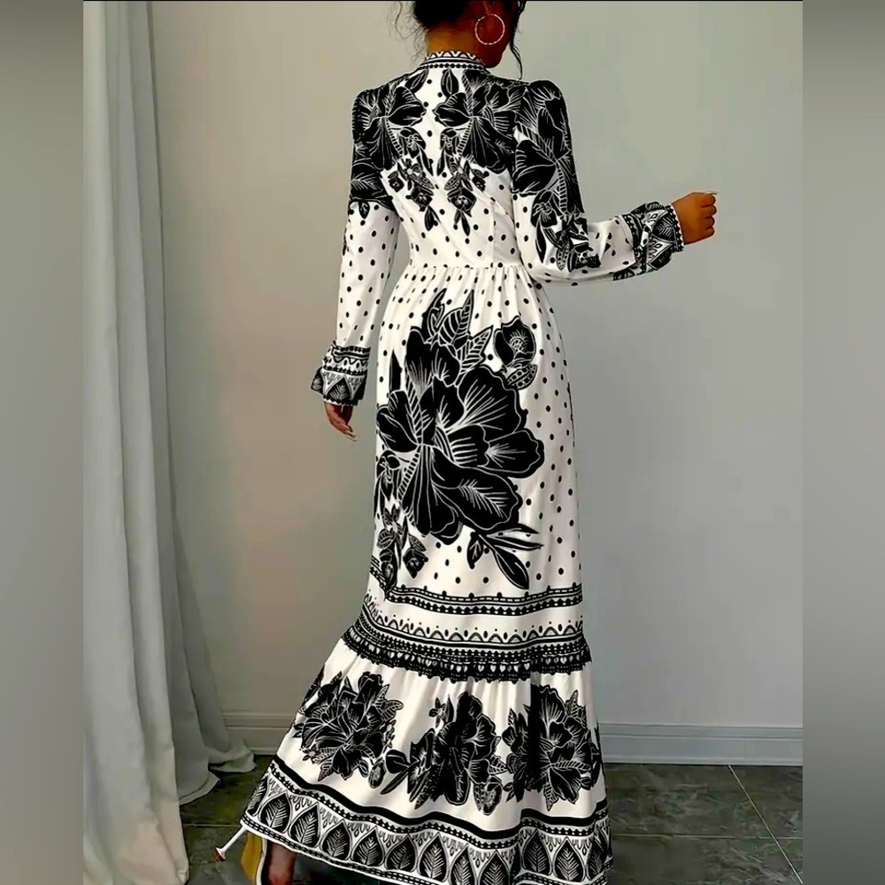 Elegant Floral Print, Stand Collar, Long Sleeve, A-Line Dress, NIP - Picture 4 of 12
